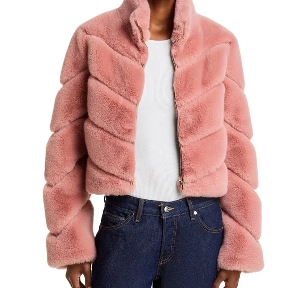 Generation Love Misty Rose Faux Fur Chevron Cropped Jacket - Picture 1 of 9